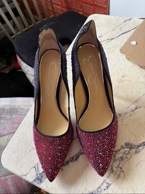 Jessica Simpson Red and Purple Jeweled Pointed-Toe Pumps